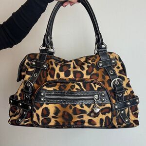 Kathy Van Zeeland Vintage Y2K Leopard Print Canvas and Leather Shoulder Bag